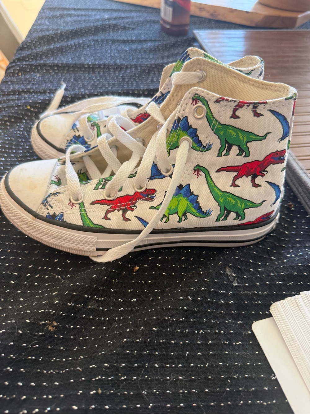 Kids High-Top Converse Sneakers with Colorful Dinosaur Print - White